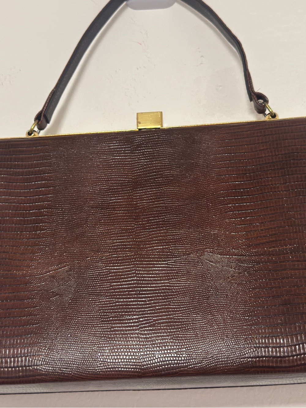 Vintage Brown Lizard Embossed Structured Top Handle Frame Handbag Gold Tone - Picture 15 of 16
